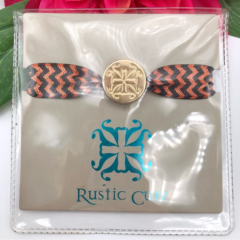 Rustic Cuff Orange Black Zig Zag Chevron Pattern Gold Tone Medallion Hair Tie